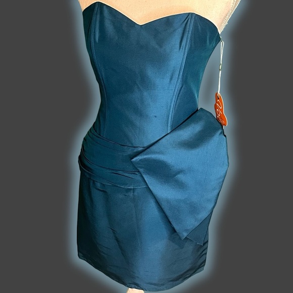 NWT Voom By Joy Han Teal Blue Silk Strapless Corseted Bow Detail Mini Dress Sz S - Picture 4 of 16